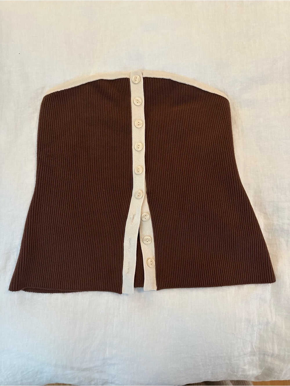 Women’s Brown Ribbed Button-Front Strapless Sweater Top